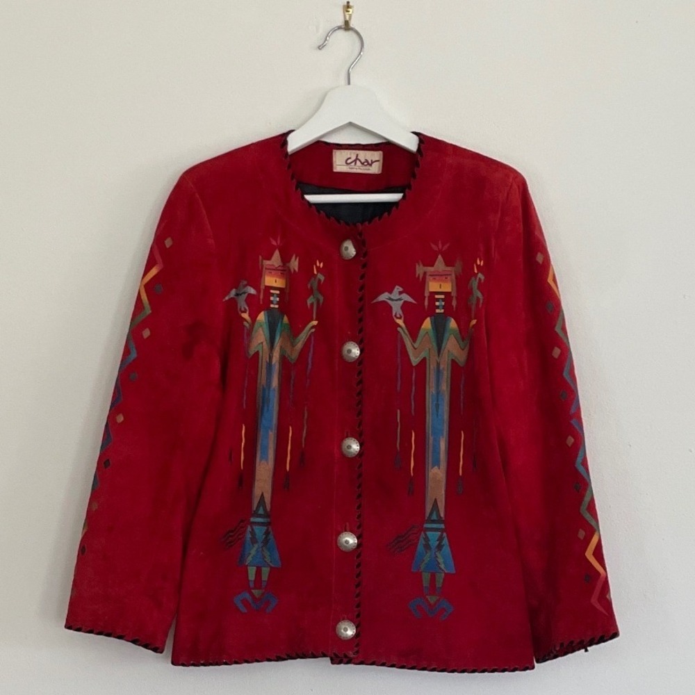 Char Santa Fe Red Suede‎ Painted Kachina Southwestern Concho Button Jacket USA
